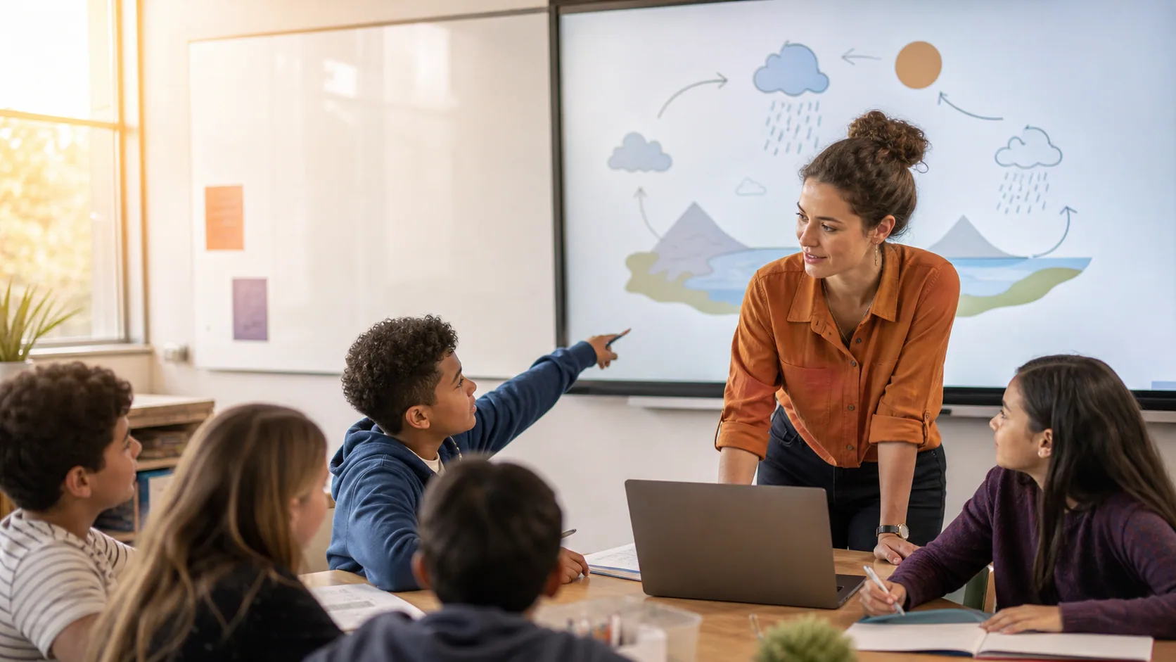 A teacher and students discussing a visual science lesson in a bright classroom